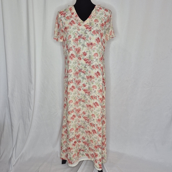 Laura Ashley 100% Silk Flutter Collar / Sleeve Floral Maxi Dress * FLAWS - Sz 14 - Picture 1 of 16
